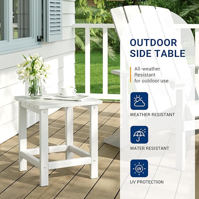 UDPATIO Small Side Table, 16x16x17.8 in, White, Adirondack Table, Indoor & Outdoor Use