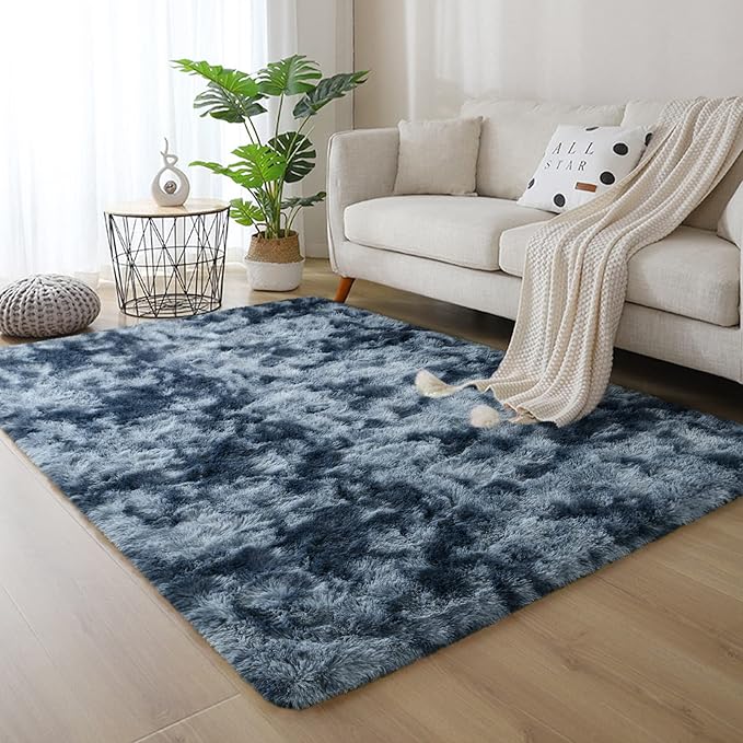 DweIke Fluffy Blue Grey Rugs for Bedroom Living Room, 6x9 Large Soft Plush Shaggy Tie-Dyed Navy Blue Gray Girls Boys Kids Rug, Upgraded Non-Slip and Machine Washable Carpet for Dorm Nursery Decor