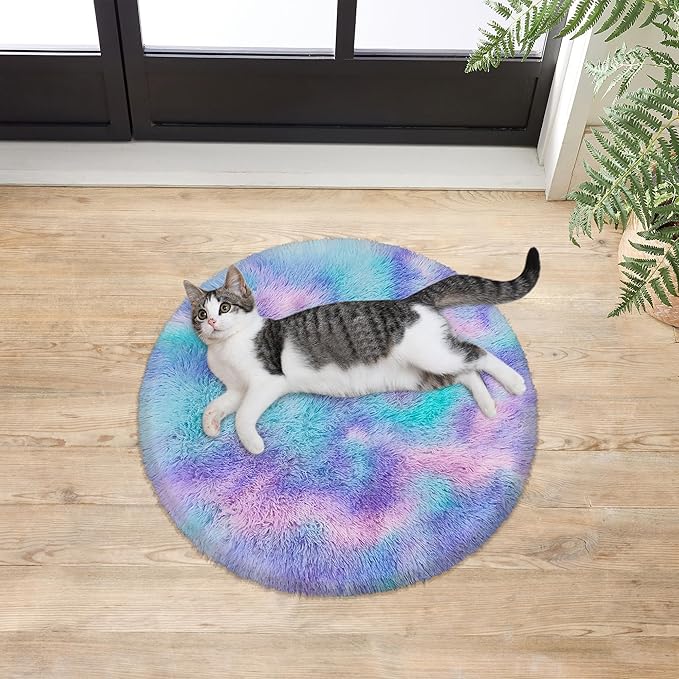 2x2 ft Small Fluffy Round Rug for Girls Bedroom,Soft Shaggy Kids Purple Rainbow Rugs Kawaii Colorful Carpet Fuzzy for Room Kids Bedroom Girls Dresser Playroom Nursery Storage Cabinet Decor