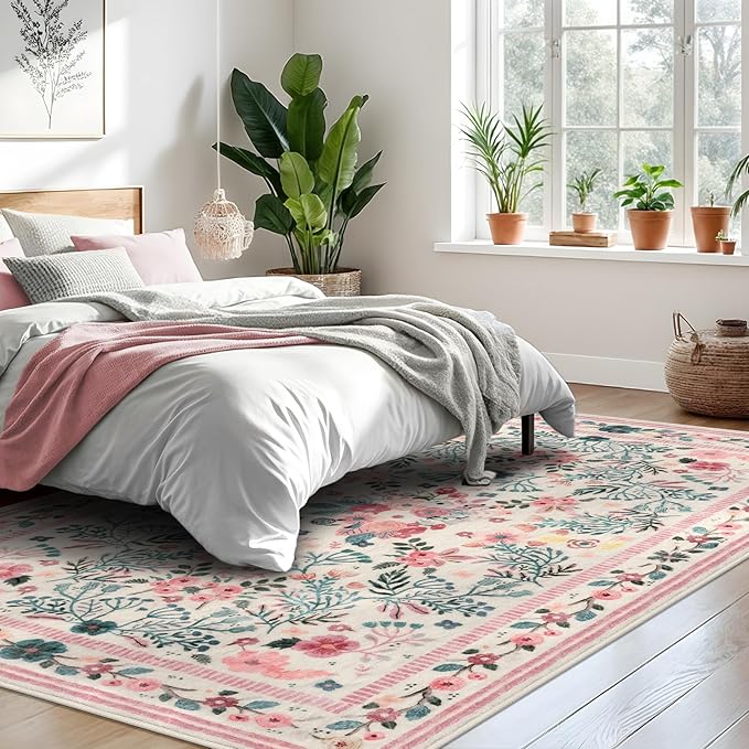 Rugs for Living Room 5x7, Pink Boho Thin Washable Non-Slip Area Rugs for Bedroom Girls, Soft Floral Low-Pile Nursery Carpet for Dining Room Kids Room Playroom Indoor, Pink/Multi