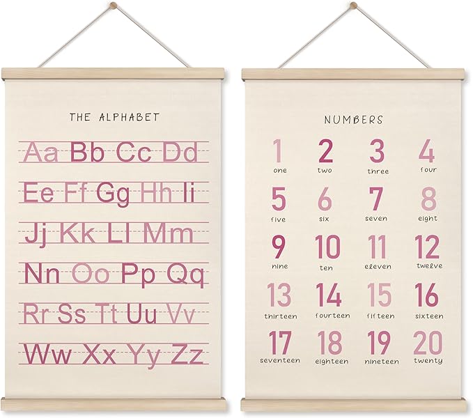 HRQKO Alphabet Numbers Poster Hanger Frame Set of 2, Pink Girls Nursery Wall Decor, ABC Poster Wall Art with Wooden Frames, Pink Alphabet Banner Wall Hanging Decor for Toddler Playroom, 16x24 inch