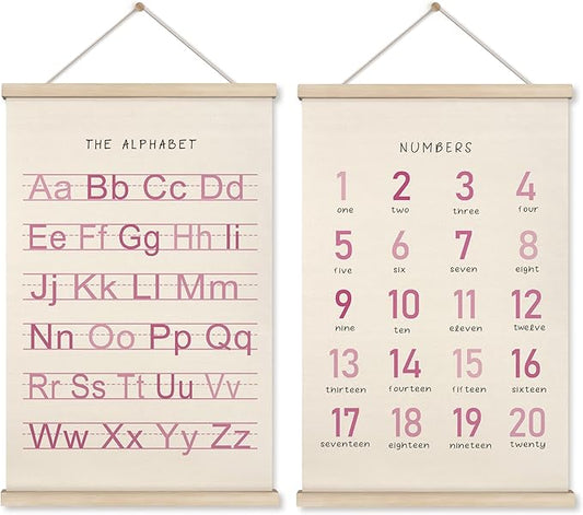 HRQKO Alphabet Numbers Poster Hanger Frame Set of 2, Pink Girls Nursery Wall Decor, ABC Poster Wall Art with Wooden Frames, Pink Alphabet Banner Wall Hanging Decor for Toddler Playroom, 16x24 inch