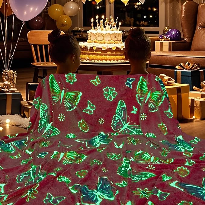 inhand Butterfly Toys for 2 3 4 5 6 7 8 9 10 Year Old Girls,Girl Birthday Gifts Glow in The Dark Blanket Butterfly Soft Fleece Decorations for Kids Room（50"X60" Pink Butterfly）