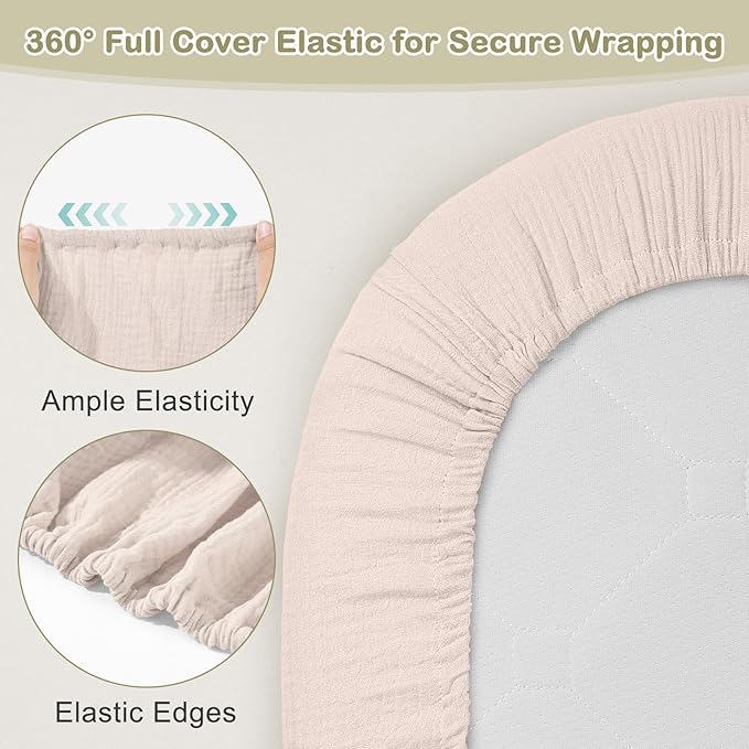 Basumee Muslin Bassinet Sheets for Baby Girl Boy 2 Pack Soft Breathable Baby Bedside Bassinet Fitted Sheets with Bottom Elastic Band 33''x17''x4'' Mattress Cover for Rectangle Oval Hourglass Bassinets