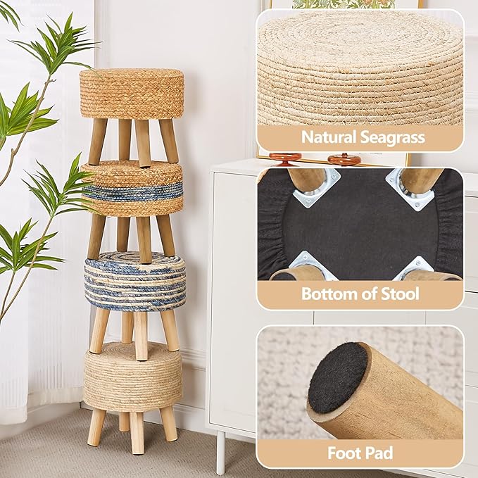 Cpintltr Round Ottoman Natural Seagrass Footstool Hand Weave Water Hyacinth Poufs Eco Friendly Sofa Foot Stool Soft Step Stool Padded Foot Rest with Pine Legs for Living Room (Natural White)