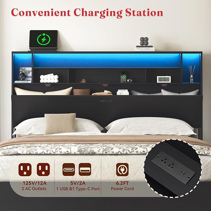 King Bed Frame with Headboard, LED Bed Frmaes with Bookcase Storage and Charging Station, Metal Platform Bed with 2 Storage Drawers, No Box Spring Needed, Black