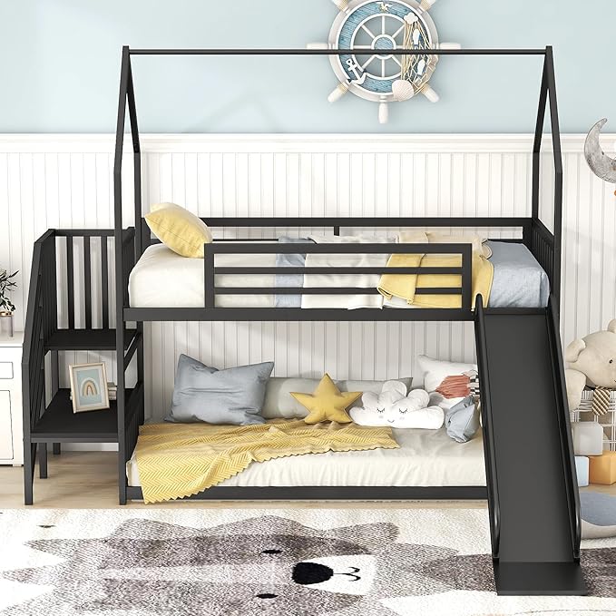 MERITLINE Metal Bunk Bed Twin Over Twin Bunk Bed Frame with Slide and Stairway,Twin Over House Bed with Guardrails