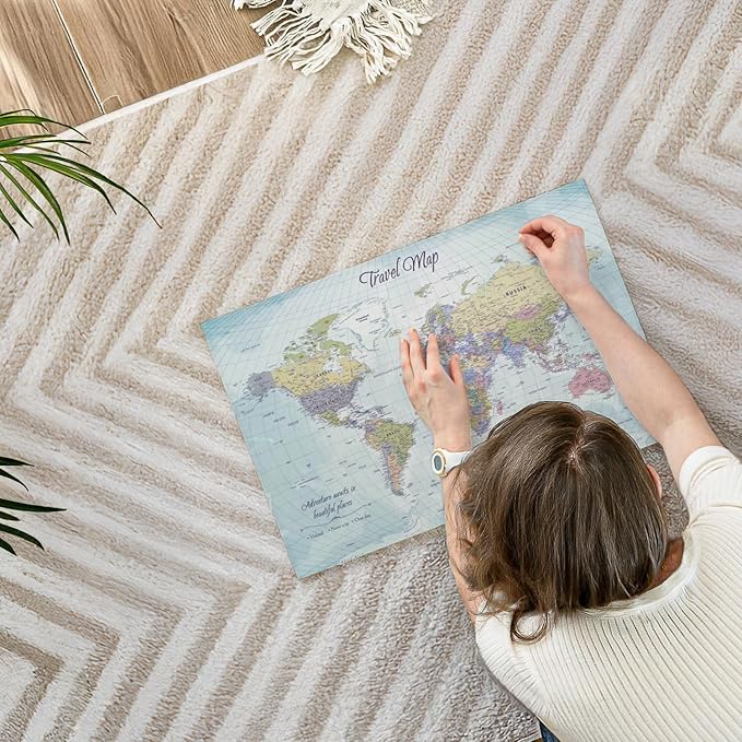 ElephantStock - Push Pin Travel Map World I Wall Art - Horizontal Canvas Wall Art - Living Room Wall Decor - Printmaking Map Canvas Art - Blue And Beige Decor - 24" x 16"