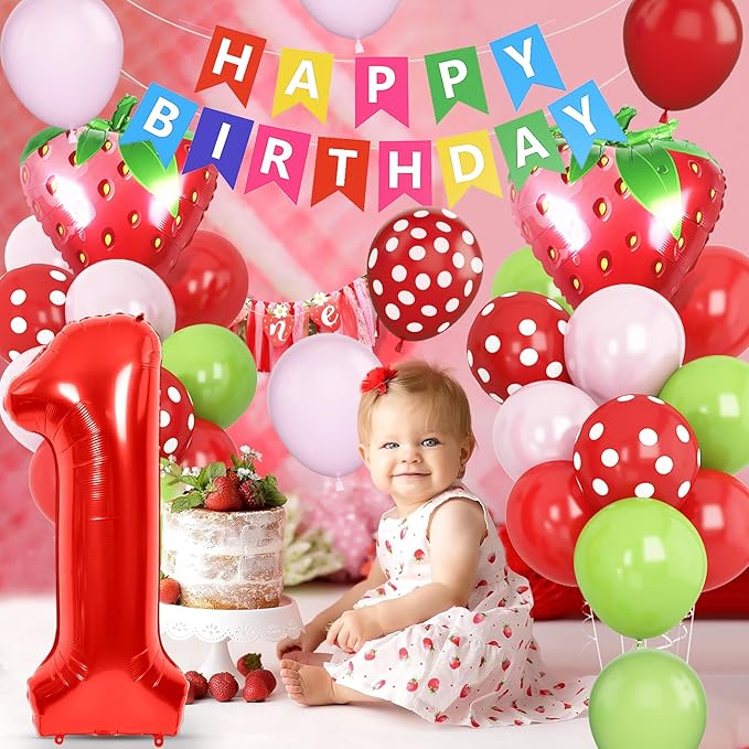1st Strawberry Decorations for Girls, Red Pink Green Balloon With 40 Inch Number 1 Strawberry Foil Balloons Banner for Sweet One Baby Shower Berry First Birthday Party