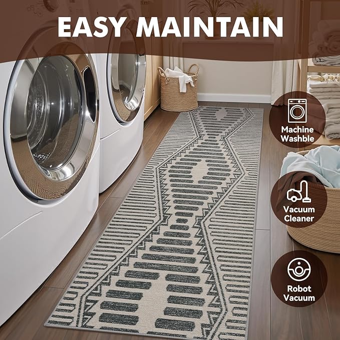 Charcoal Grey Boho 2x8 ft Runner Textured Tufted Rugs for Hallway Kitchen Bedroom Entryway Long Non Slip-Carpet Washable Neutral Modern Geometric Moroccan Aztec Rug