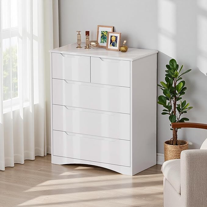 Gizoon 5 Drawers Chest, White Dresser for Bedroom with Large Storage Capacity, Chest of Drawers with Embedded Handle, Deep-Drawer Dresser for Closet with Anti-Tip Kit，for Hallway, Office, Living Room
