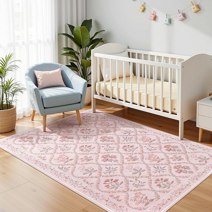 3x5 Nursery Rug, Boho Pink Floral Area Rugs Machine Washable, Soft Ultra-Thin Low-Pile Carpet Non Slip for Girls Room Bedroom Entryway Playroom Living Room, Pink Multi