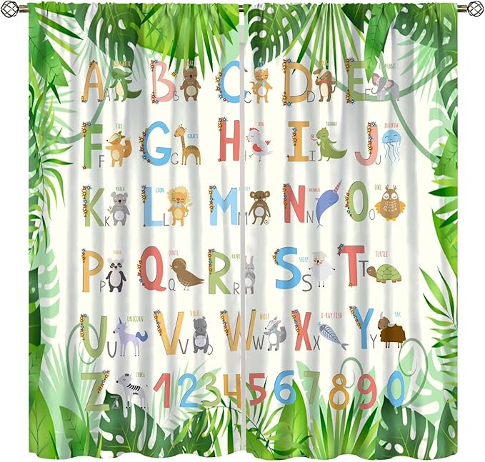 Kids Animal Alphabet Curtain Tropical Plant Alphabet Educational Printed Rod Pocket Blackout Window Drapes for Bedroom Living Room Nursery School 42" W X 63" L