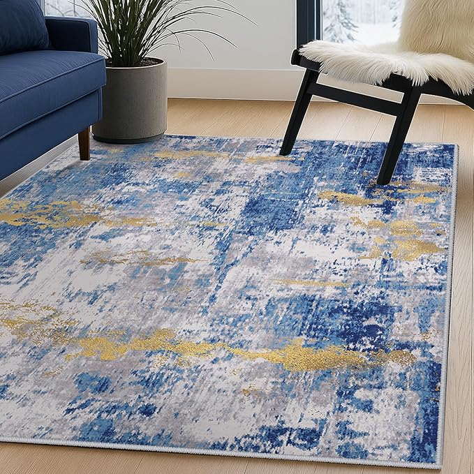 Washable Area Rugs 3'x5' Non-Slip Modern Abstract Soft for Living Room Entryway Bedroom Nursery, Print Pattern, Grey Blue Gold/Golden