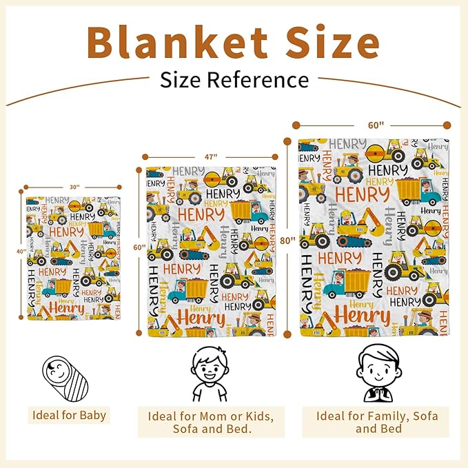 Personalized Baby Blankets for Boys, Custom Name Blanket Birthday Gift for Kid, Soft Flannel Blanket with Dotted Backing for Infants Toddlers, Customized Gifts, Yellow Truck(30”x40)