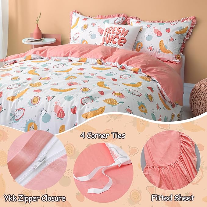 Simple&Opulence 100% Organic Cotton Duvet Cover for Kids Teens, 4 Piece Soft Cartoon Comforter Cover with Zipper Closure, Kawaii Girls Bedding Set with Colorful Fruits Pattern, Full/Queen