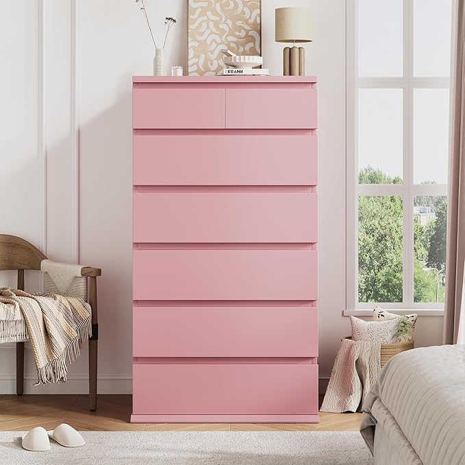 Pink Tall 7 Drawer Dresser for Bedroom, Modern Wood Closet Dressers & Chests of Drawers with Jewelry Storage, 23.6" L*15.8" W*47.5" H in Large Vertical Dresser for Bedroom, Living Room, Nursery
