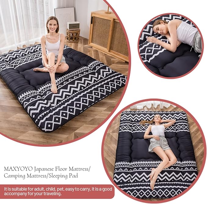 MAXYOYO Japanese Floor Futon Mattress - Thicken Sleeping Pad, Roll Up Floor Lounger Bed for Camping, Guest Room - Thick, Soft and Comfortable, Black Stripe, Full Size
