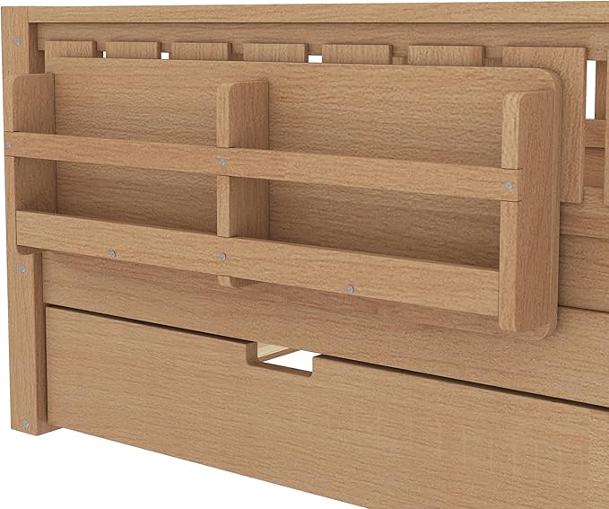 Bellemave Twin Size Kids Bed with high Rails and with Built-in Bookshelf and Trundle for Kids, Girls, Boys, Wood Montessori Bed Without Door, Natural