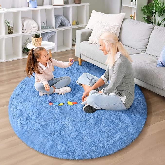EVOIONOS Cobalt Blue‌ Round Rug for Bedroom, 4x4 Ft Fluffy Soft Circle Area Rugs for Living Room, Plush Shaggy Circular Indoor Floor Bedside Kids Nursery Carpet, Machine-Washable Home Decor Aesthetic