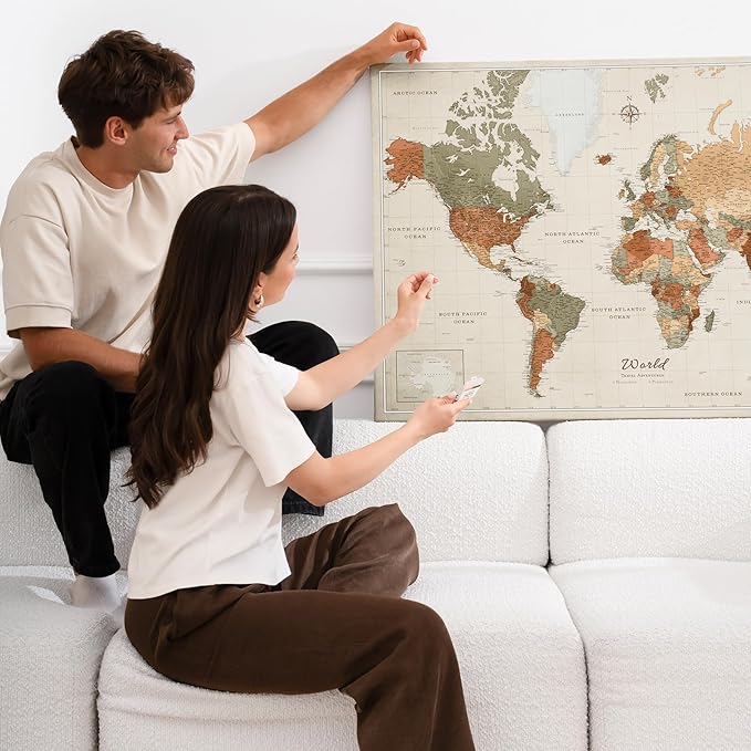 Canvas World Map with Cork Pin Board - English Lettering - Decorative Wall Decoration for All Rooms - Canvas Pictures with World Map Motif (120x80 cm, Pattern 2)