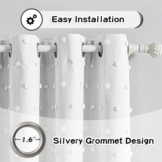 MYSKY HOME 100% White Blackout Curtains for Sliding Door 108 Inches Long Total Light Blocking Curtains for Living Room 2 Panels Grommet Room Darkening Drapes with White Pom Pom Sheer 52 x 108 Inch
