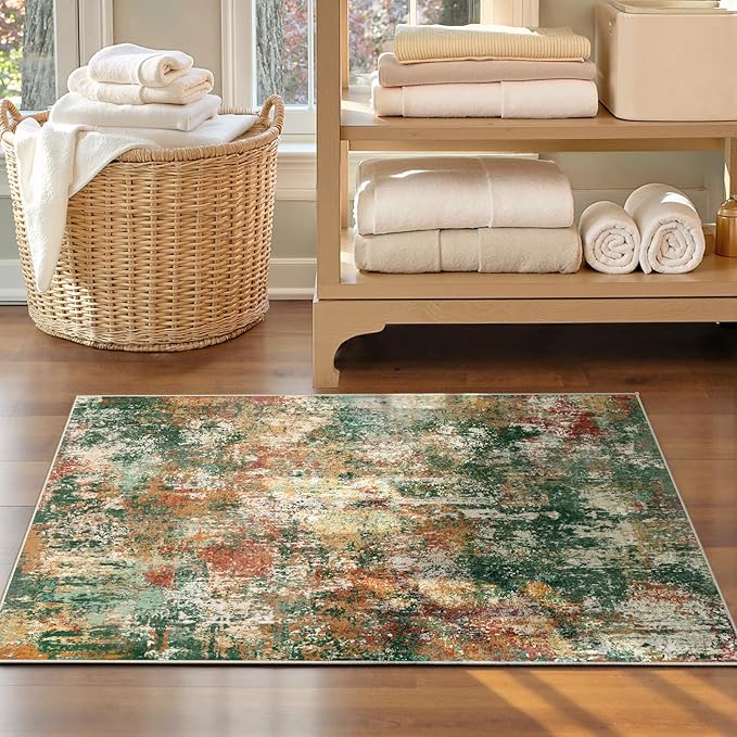 Washable Area Rugs 2'x3' Non-Slip Modern Abstract Soft for Living Room Entryway Bedroom Nursery, Print Pattern, Green Orange Rust Red Cream Colorful