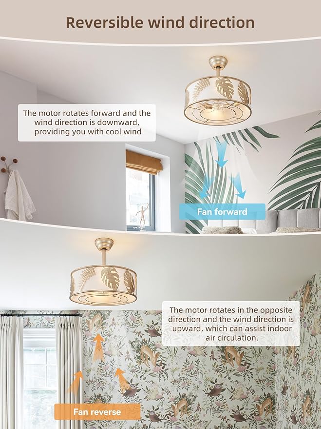 20" Gold Caged Ceiling Fans with Lights, Gold Fandelier Ceiling Fan with Light Remote Control, Bladeless Caged with 6 Speeds for Bedroom, Nursery, Living Room