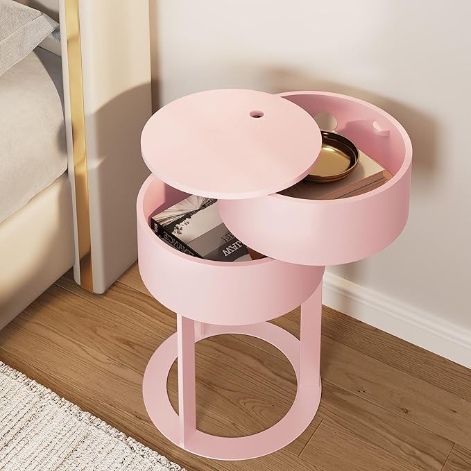 Round Side Table with Hidden Storage Drawers, Modern Nightstand with Swivel Drawer, Minimalist Bedside Table for Bedroom, Living Room, Pink