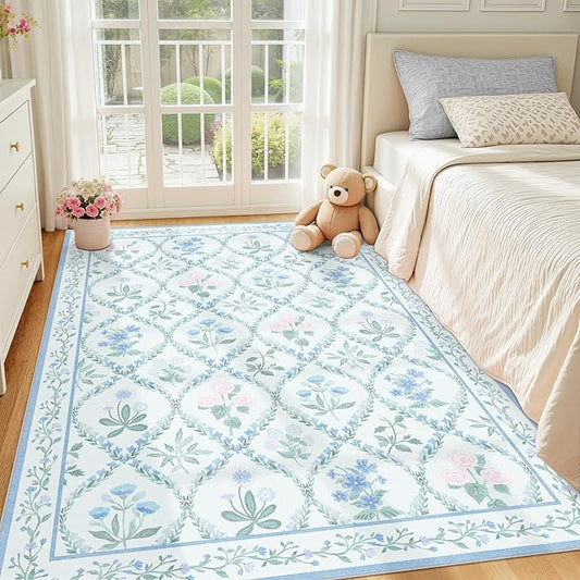 Washable Area Rug 6x9, Boho Blue Floral Rugs for Living Room Bedroom,Soft Ultra-Thin Cute Carpet Non Slip for Girls Room Entryway Playroom Dining Room Home Office,Blue Multi