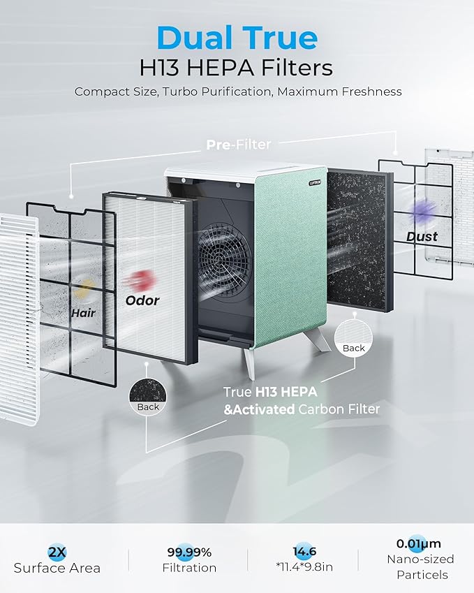 Air Purifiers for Home Large Room Up to 2250 ft² - Dual 3-Stage Filter of Washable Filter and True HEPA Filter with AQI, Auto Mode, Sleep Mode