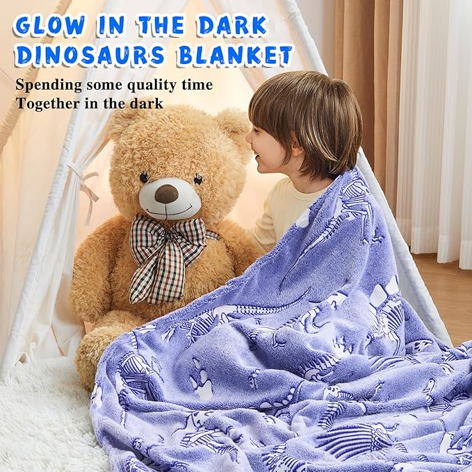 inhand Dinosaur Toys for Kids Glow in The Dark Dinosaur Blanket Christmas Birthday Valentine's Day Easter Party Decorations Favors,3 4 5 6 7 8 9 10 11 12 13 Year Old Boy Gifts（50"X60" Blue Dino