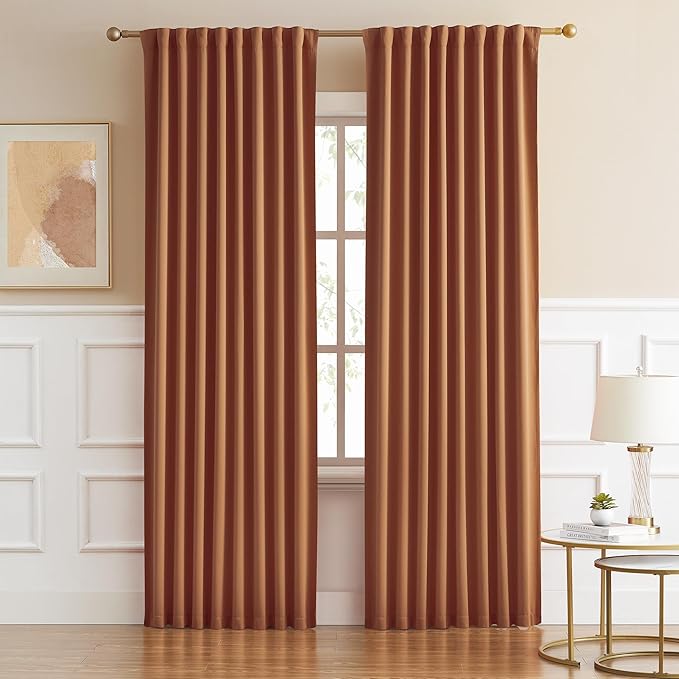 DUALIFE Caramel Curtains 2 Panels Set, Room Darkening Mid Century Cognac Modern Decor Back Tab Pocket Pleated Boho Curtains for Bedroom Home Office Brown Orange 52 by 84 Inch Length