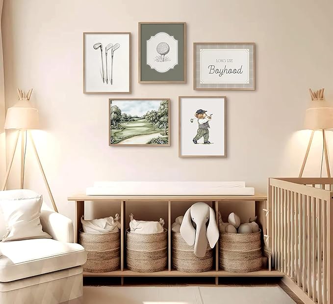 Vintage Golf Nursery Wall Art Retro Sport Kids Room Canvas Wall Decor Teddy Bear Pictures Sage Green Antique Posters Baby Animal Painting Print Artwork for Baby Boy Girl Room Playroom, Unframed