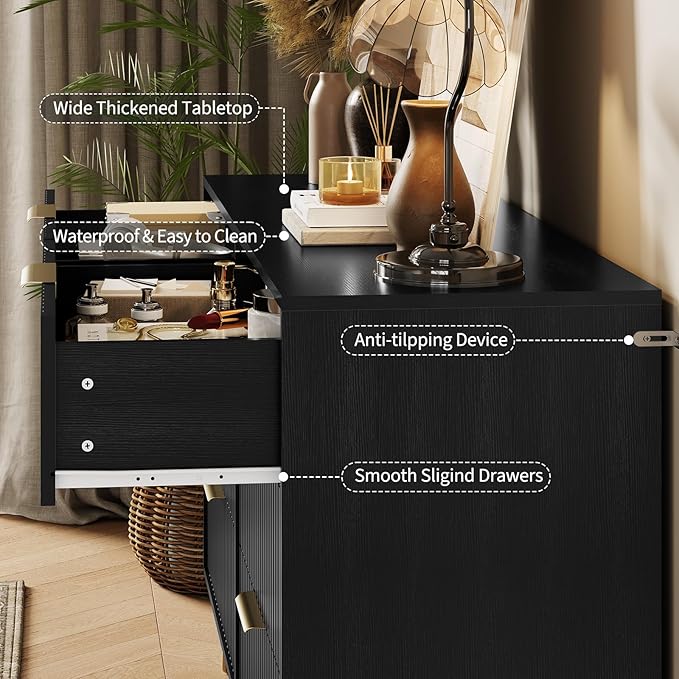 Garvee Fluted Dresser for Bedroom with 6 Drawers,47" Wide Modern Chest of Wooden Bedroom Chest with Metal Handle,Clothes Storage Organizer,Closet Dresser & TV Stand for Living Room,Hallway,6&Black