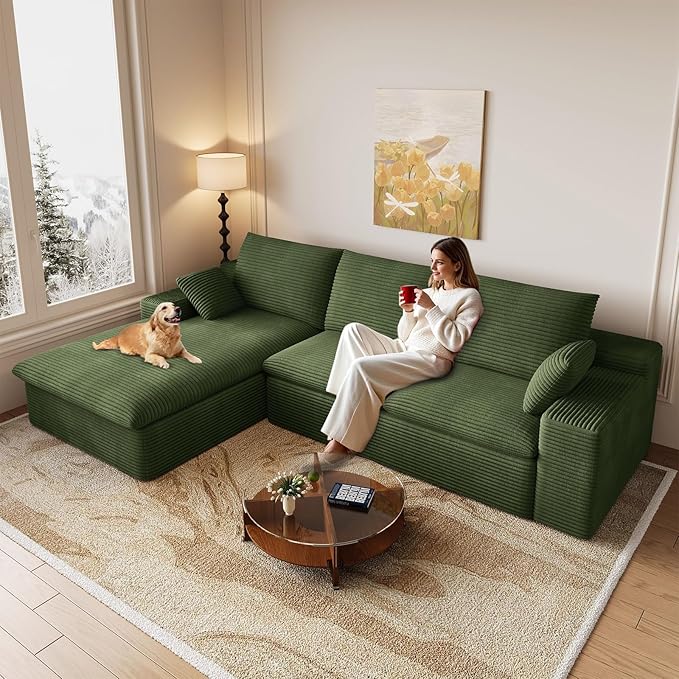 107 Inch Cloud Sectional Couch, Modern Modular Sectional Sofa with Deep Seat, Corduroy Boneless Couches with L-Shape Chaise for Living Room Bedroom, No Assembly Required (Green, Left Facing Chaise)