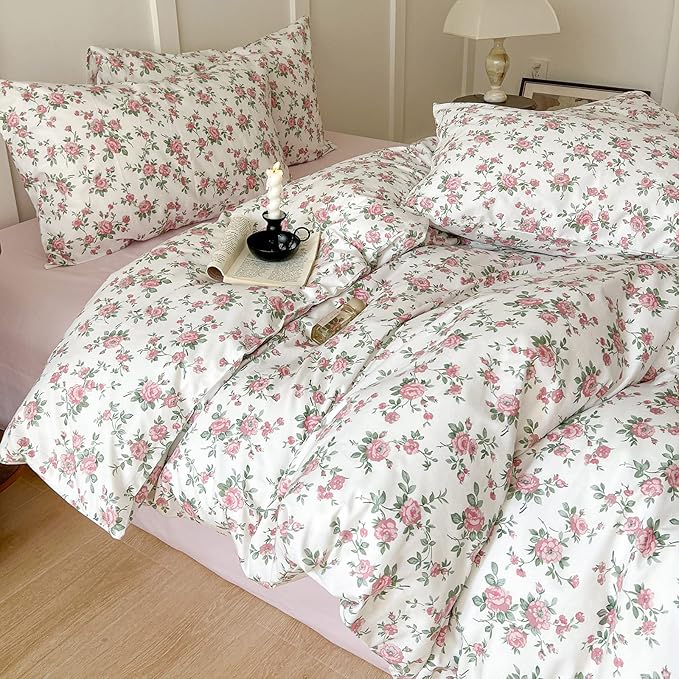 Pink Floral Duvet Cover Queen Soft Cotton Girls Cottagecore Bedding Set Botanical Peach Flower Comforter Cover with Zipper Closure Vintage Country Bedding Aesthetic Duvet Cover with 2 Pillowcases