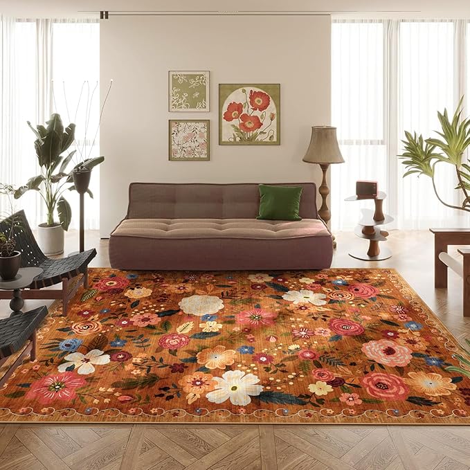 8x10 Washable Area Rug for Living Room, Floral Non-Slip Non-Shedding & Easy Care, Large Soft Low Pile Indoor Floor Carpet for Living Room, Bedroom, Farmhouse, Dining Room, Kids Playroom, Orange