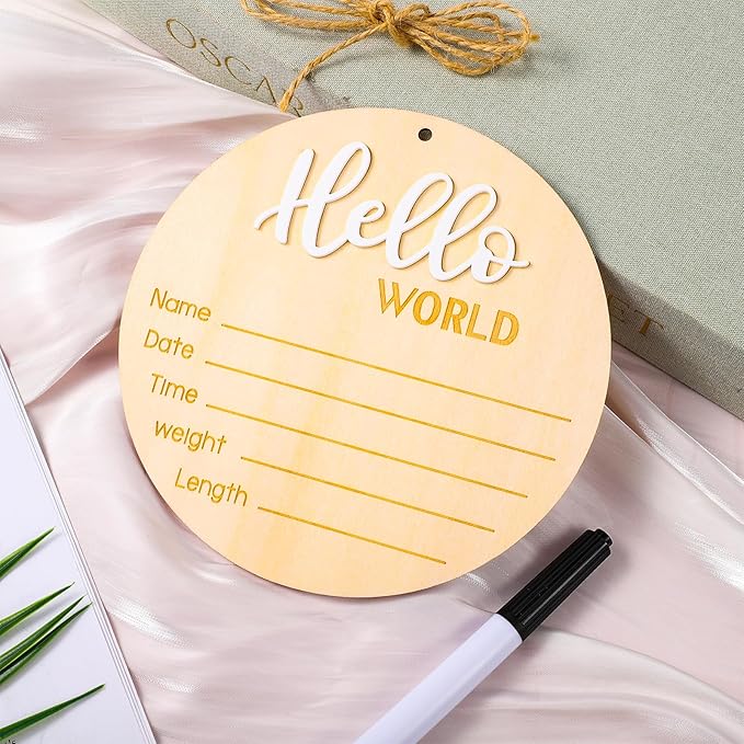 Hello World Newborn Sign: Baby Announcement Wooden Name Sign with Footprint Marker and Stand - Perfect Birth Announcement for Newborns