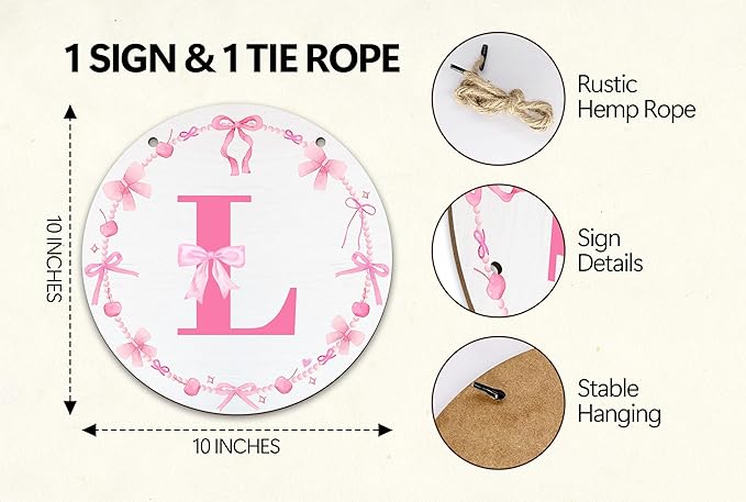 Monogram Round Sign For Front Door, Cherry Bow Theme Sign For Porch Art Wall Door, Initial Signs Hanging Ornament For Indoor Outdoor, Decorations Gifts For Four Seasons Rustic Home Kitchen, L, A12