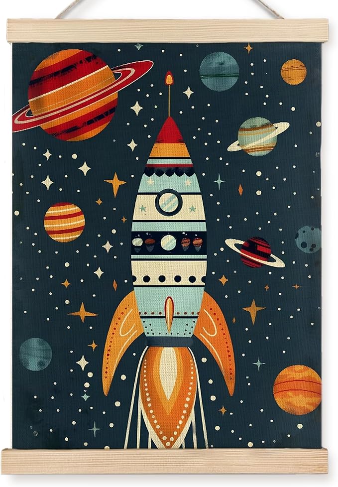 URLLUAE Rocket Ship Space Wall Art Posters for Kids Room, Colorful Outer Space Planet Poster Hanger Frame for Boys Bedroom Classroom Nursery Playroom Wall Decor, 12x16 Inch