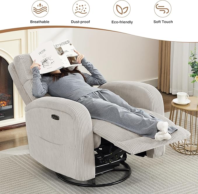 Power Recliner Glider for Nursery, Electric Swivel Rocker Recliner Chair with USB, Comfy Recliner Chairs for Living Room, Bedroom, Bedroom, Corduroy Camel