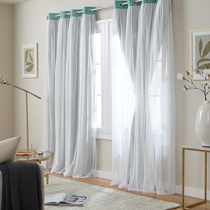 TOWN & COUNTRY LUXE Talia Double Layer Indoor Curtains, Sheer and Room Darkening Blackout, Grommet Top, Energy Efficient, 2-Pack Set, 52"x96", Turquoise