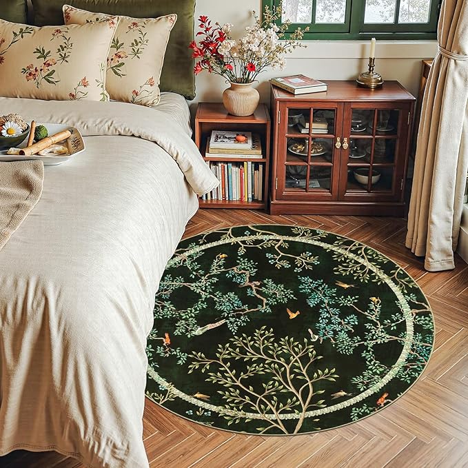 jinchan Yarden Christmas Round Rugs 4ft Moss Green Botanical Birds Print,Machine Washable 4' Circle Nature Plants Modern Soft Non-Slip Throw Area Rugs,Low Pile Carpet for Entryway Bedroom Kids Room