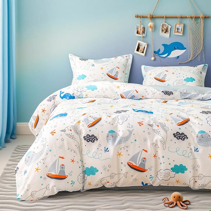 Simple&Opulence 100% Organic Cotton Duvet Cover for Kids Teens, 3 Pieces Soft Comforter Cover with Zipper Closure Cool Boy Girl Sea Sailboat Ocean Bedding Set - Whale, Twin