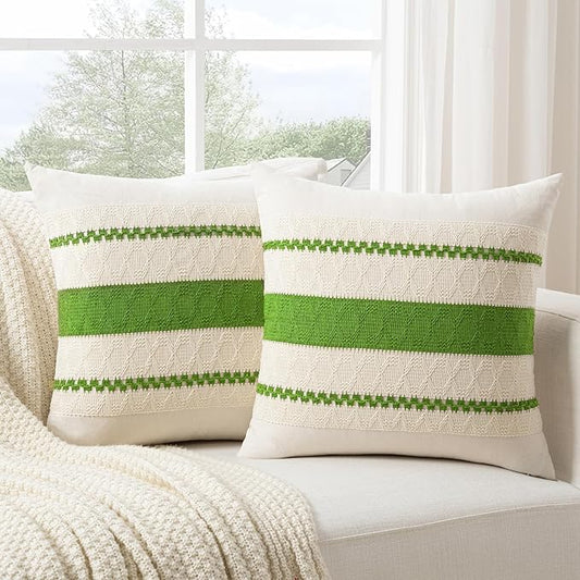 Fancy Homi Set of 2 Boho Lime Green Decorative Throw Pillow Cover 18x18 Inch for Couch Bed Sofa, Aesthetic Modern Organic Farmhouse Home Decor, Soft Cotton Cute Accent Macrame Woven Cushion Case