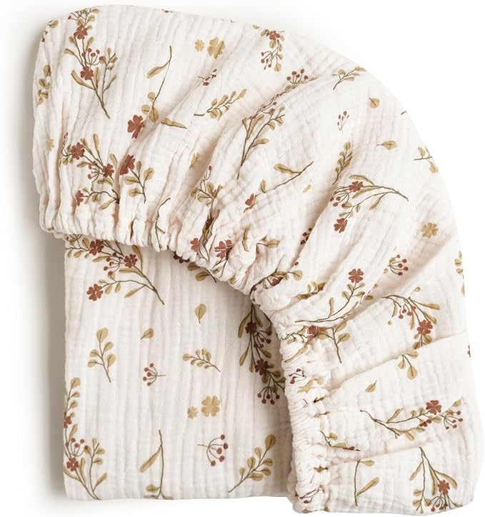 Konssy Muslin Bassinet Sheets for Baby Girl Boy, 2 Pack Soft Breathable Baby Bassinet Mattress Sheets Fit for Hourglass Oval Cradle, Moses Basket Rectangle Mattress (Chestnut, Posy)