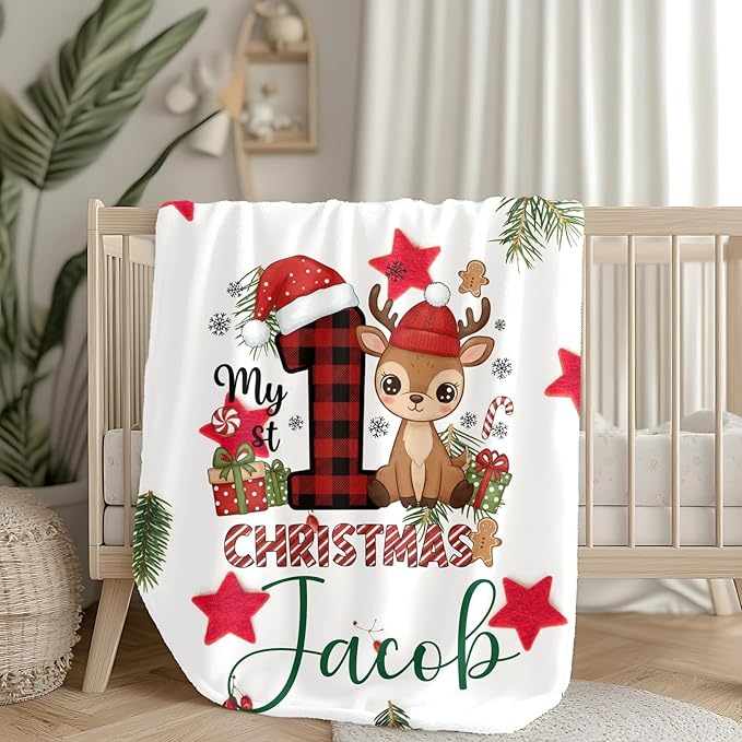 Personalized Baby's First Christmas Blanket, Custom Velveteen Boy Baby Name Christmas Blanket, Soft Fleece Or Sherpa Throw, Baby Shower, Made in USA