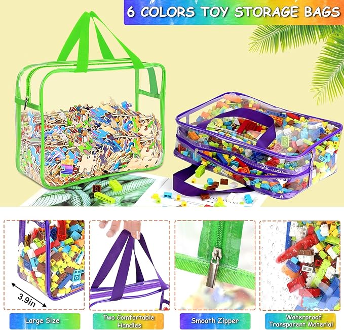 6 Color Large Toy Storage Bags with Labels, Reusable Clear PVC Board Game Storage, Travel Waterproof Organizer Bags with Zipper for Building Blocks, Puzzle, Kids Books