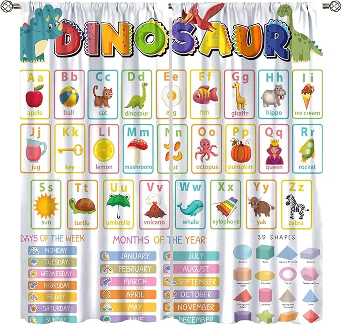 Funny Kids Alphabet Curtain, Cartoon Animal Alphabet Learning Dinosaur Boys Kids Students Baby Educational Colorful Blackout Window Treatments for Bedroom Living Room School 63" W X 72" L